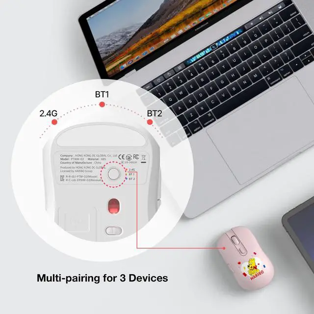 Alt view image 6 of 7 - Haribo Wireless Mouse, Bluetooth 3.0/5.0 & 2.4GHz, Adjustable DPI, Multi-Device Pairing, Compact Gummy Bear Style for Laptop, Desktop, PC