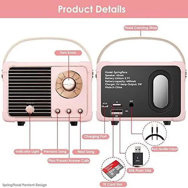 Alt view image 6 of 7 - Retro Bluetooth Speaker, Portable Bluetooth Wireless Speaker, Hands-Free Call,400mA Battery,TF Card,Aux Line, for iPhone Android, Retro Decor for Home Office Birthday Gift Ideas Pink