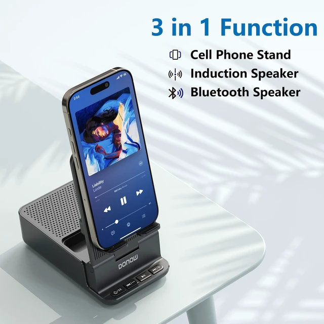 Alt view image 2 of 6 - Cell Phone Stand for Desk, Cell Phone Holder with Bluetooth Speaker | Foldable and Adjustable Angle, Smart Induction Playback