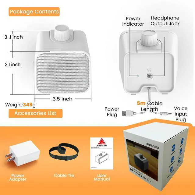 Alt view image 7 of 7 - Wired Speakers for TV No Delay, Mini Clear Voice TV Speaker Wired with 5M Long Cord, Personal Speaker with Headphone Jack, Easy Operation, TV Speakers for Hard of Hearing and Seniors