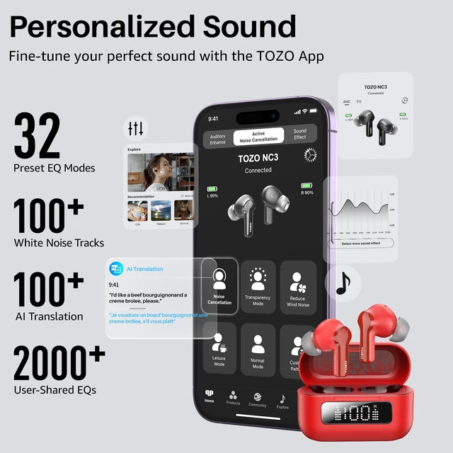 Alt view image 6 of 7 - Hybrid Active Noise Cancelling in Ear Wireless Earbuds, 68H Playtime 6 Mics AI Clear Calls, LED Display, 32 Preset EQs App, Bluetooth 5.3 Headphones, IPX8 Waterproof, Comfort Fit Ear Buds Red