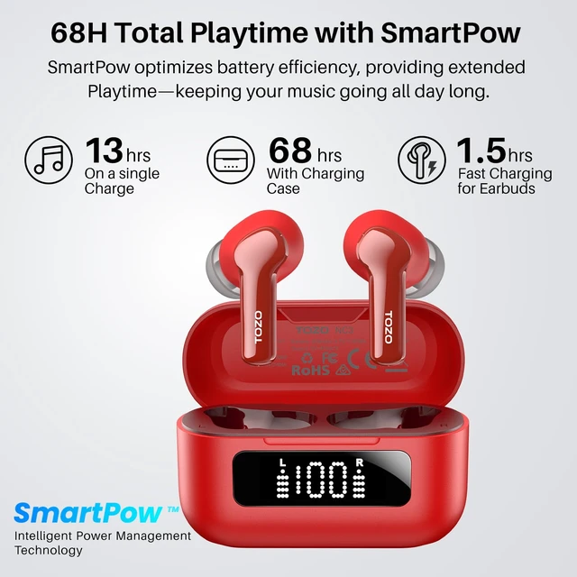 Alt view image 4 of 7 - Hybrid Active Noise Cancelling in Ear Wireless Earbuds, 68H Playtime 6 Mics AI Clear Calls, LED Display, 32 Preset EQs App, Bluetooth 5.3 Headphones, IPX8 Waterproof, Comfort Fit Ear Buds Red