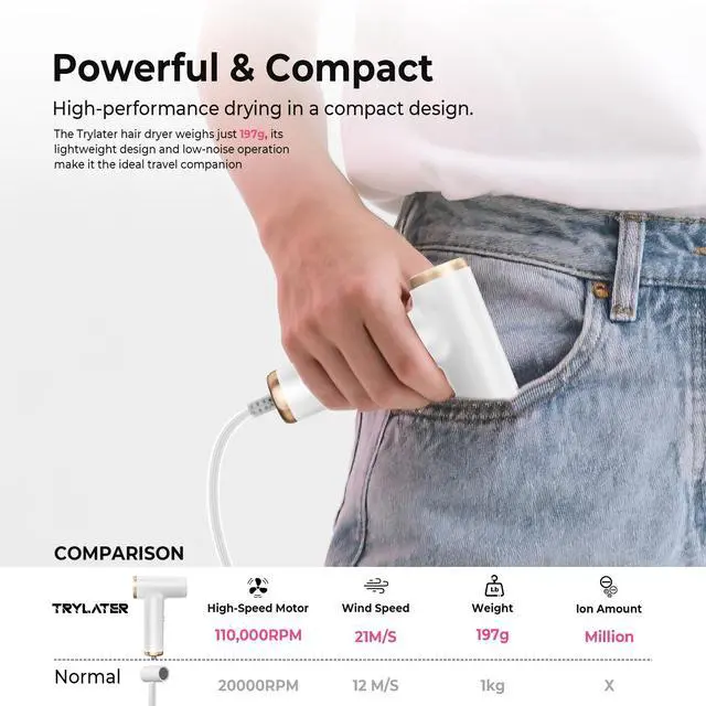 Alt view image 2 of 7 - Mini Hair Dryer, 4-Temp High Speed Ionic Hair Dryer, 2-Speed Lightweight Portable Small Hair Dryers, 110,000 RPM Hair Blow Dryer Travel Blow Dryer with Self-Cleanin& Advanced Protection