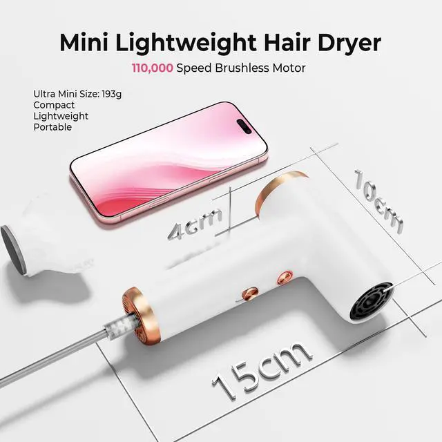 Alt view image 3 of 7 - Mini Hair Dryer, 4-Temp High Speed Ionic Hair Dryer, 2-Speed Lightweight Portable Small Hair Dryers, 110,000 RPM Hair Blow Dryer Travel Blow Dryer with Self-Cleanin& Advanced Protection
