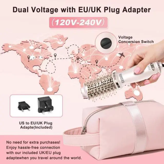 Alt view image 3 of 7 - Dual Voltage Hair Dryer Brush for Travel,4 in 1 Blow Dryer Brush,2 Inch Mini Hot Air Brush for Short Hair,Volumizer,110-240V Dual Voltage with European Plug Adapter,OvalBrushBlowDryer for Women(Pink)