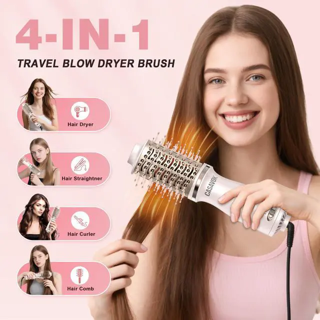 Alt view image 2 of 7 - Dual Voltage Hair Dryer Brush for Travel,4 in 1 Blow Dryer Brush,2 Inch Mini Hot Air Brush for Short Hair,Volumizer,110-240V Dual Voltage with European Plug Adapter,OvalBrushBlowDryer for Women(Pink)