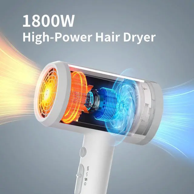 Alt view image 2 of 7 - Hair Dryer with Diffuser for Curly Hair, 1800W Ionic Blow Dryer for Women & Men, Fast-Drying, Lightweight, Low Noise, Hair Care Styling Tool for Home, Travel