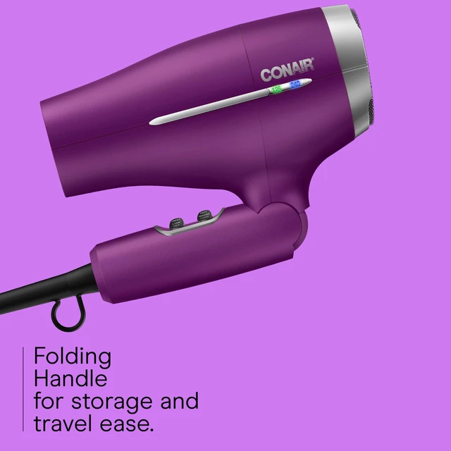 Alt view image 3 of 7 - Travel Hair Dryer, Double-Ceramic Design, Foldable Handle, Purple | Compact 1875-watt blow dryer with ionic technology for all hair types, includes concentrator nozzle and diffuser