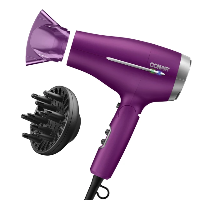 Main image of Travel Hair Dryer, Double-Ceramic Design, Foldable Handle, Purple | Compact 1875-watt blow dryer with ionic technology for all hair types, includes concentrator nozzle and diffuser