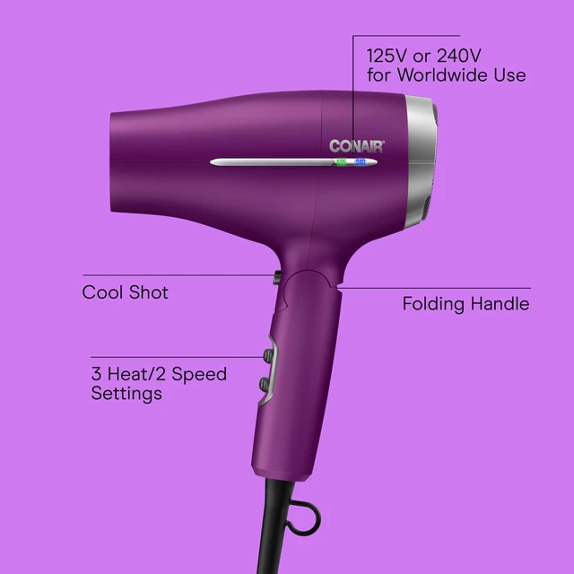 Alt view image 2 of 7 - Travel Hair Dryer, Double-Ceramic Design, Foldable Handle, Purple | Compact 1875-watt blow dryer with ionic technology for all hair types, includes concentrator nozzle and diffuser
