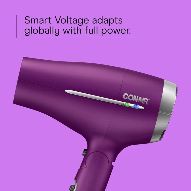 Alt view image 4 of 7 - Travel Hair Dryer, Double-Ceramic Design, Foldable Handle, Purple | Compact 1875-watt blow dryer with ionic technology for all hair types, includes concentrator nozzle and diffuser