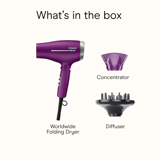 Alt view image 7 of 7 - Travel Hair Dryer, Double-Ceramic Design, Foldable Handle, Purple | Compact 1875-watt blow dryer with ionic technology for all hair types, includes concentrator nozzle and diffuser