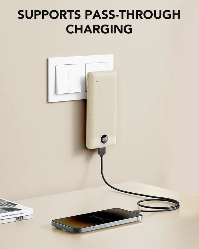 Alt view image 2 of 7 - Portable Charger Built-in Cables and AC Wall Plug, USB C Power Bank 10000mAh, Travel Battery Portable Phone Charger Compact Lightweight External Battery Pack for Smart Phones, Tablets etc-Light Coffee