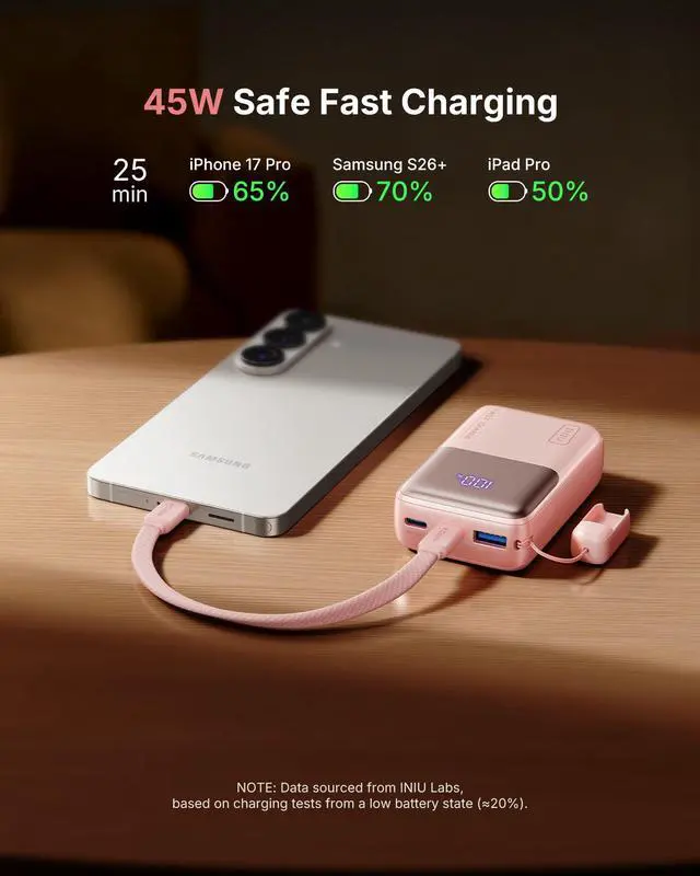 Alt view image 3 of 7 - Portable Charger, Ultra Mini 10000mAh 45W Fast Charging Power Bank, USB C Battery Pack with Cable, Flight-Safe Travel Powerbank for Women Girls Cute Nano Compact Sleek, Light Pink