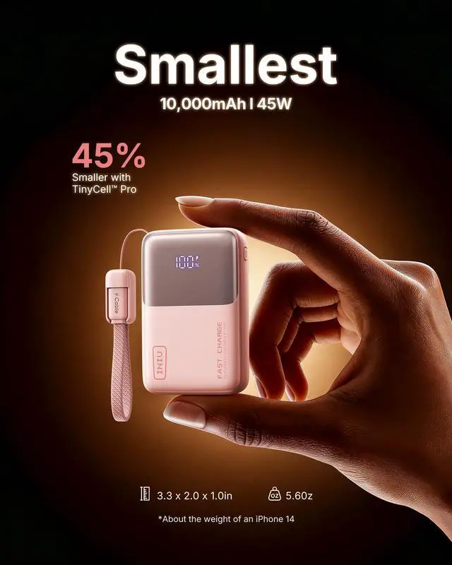 Alt view image 2 of 7 - Portable Charger, Ultra Mini 10000mAh 45W Fast Charging Power Bank, USB C Battery Pack with Cable, Flight-Safe Travel Powerbank for Women Girls Cute Nano Compact Sleek, Light Pink