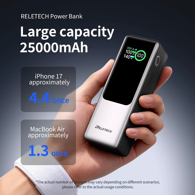 Alt view image 4 of 7 - 140W Portable Fast Charger 25000mAh with LG 21700 Battery, 3-Port Laptop Fast Power Bank Smart Display for Travel, Compatible with MacBook Pro, iPhone 17/16, ipad.G-ZeroFear
