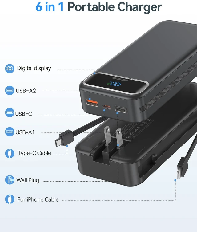 Alt view image 2 of 7 - Portable Charger 20000mAh with Built-in Cables&AC Wall Plug, Black | PD20W Fast Charging,Travel Essential,TSA Approved,LED Display,All in One USB C Power Bank for All Cell Phones Devices