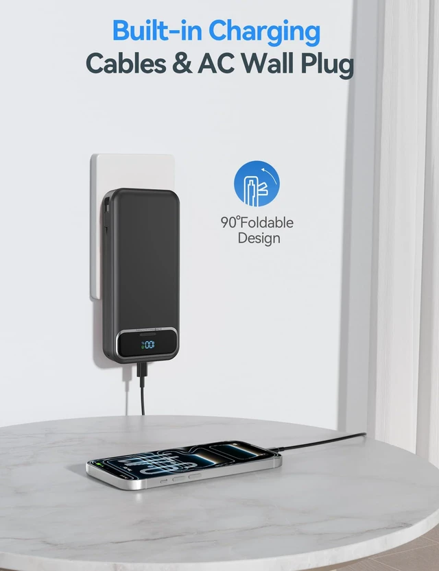 Alt view image 4 of 7 - Portable Charger 20000mAh with Built-in Cables&AC Wall Plug, Black | PD20W Fast Charging,Travel Essential,TSA Approved,LED Display,All in One USB C Power Bank for All Cell Phones Devices