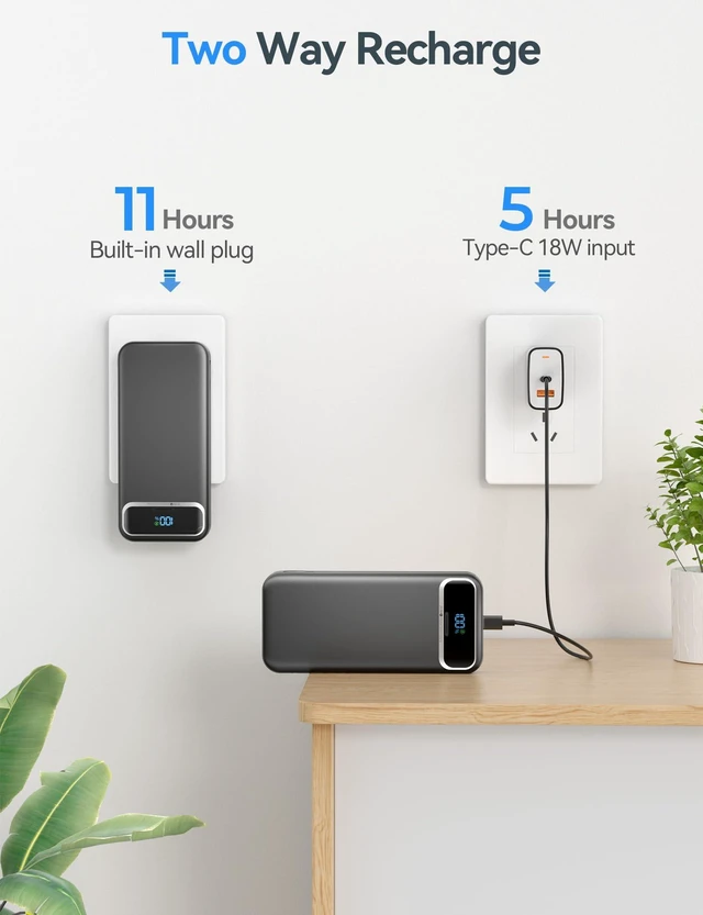 Alt view image 7 of 7 - Portable Charger 20000mAh with Built-in Cables&AC Wall Plug, Black | PD20W Fast Charging,Travel Essential,TSA Approved,LED Display,All in One USB C Power Bank for All Cell Phones Devices