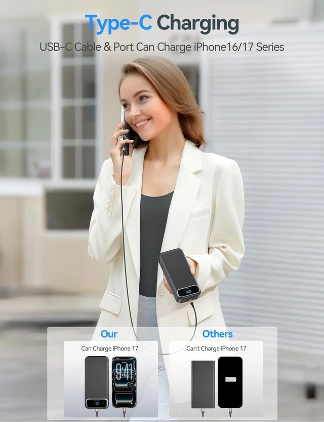 Alt view image 5 of 7 - Portable Charger 20000mAh with Built-in Cables&AC Wall Plug, Black | PD20W Fast Charging,Travel Essential,TSA Approved,LED Display,All in One USB C Power Bank for All Cell Phones Devices