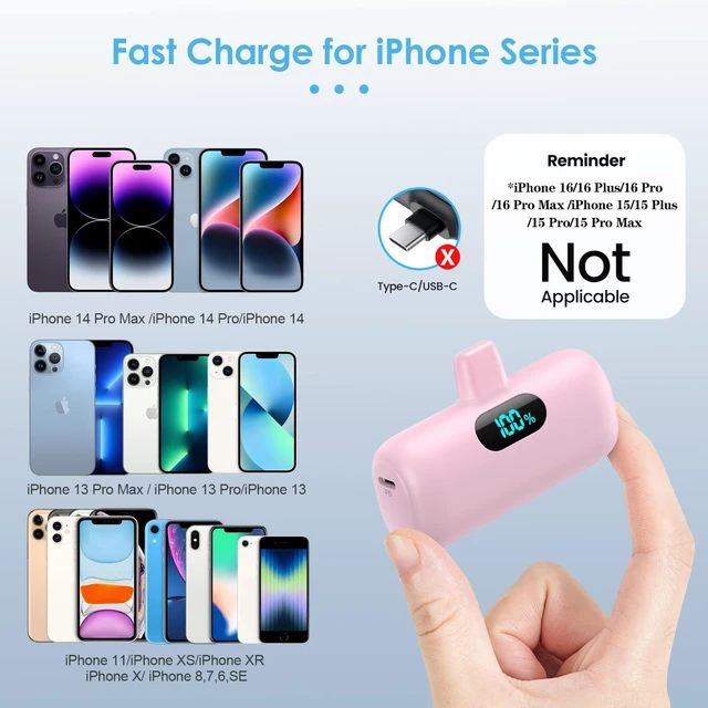Alt view image 2 of 7 - Mini Portable Charger for iPhone,Upgraded 5000mAh PD Fast Charging Battery Pack,LCD Display Cute Power Bank Portable Phone Charger for iPhone 14/14 Pro Max/13/13 Pro/12 Pro/11/XS/XR/X/8/7/6-Pink