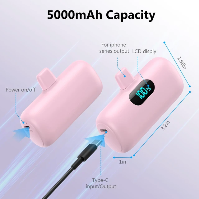 Alt view image 4 of 7 - Mini Portable Charger for iPhone,Upgraded 5000mAh PD Fast Charging Battery Pack,LCD Display Cute Power Bank Portable Phone Charger for iPhone 14/14 Pro Max/13/13 Pro/12 Pro/11/XS/XR/X/8/7/6-Pink