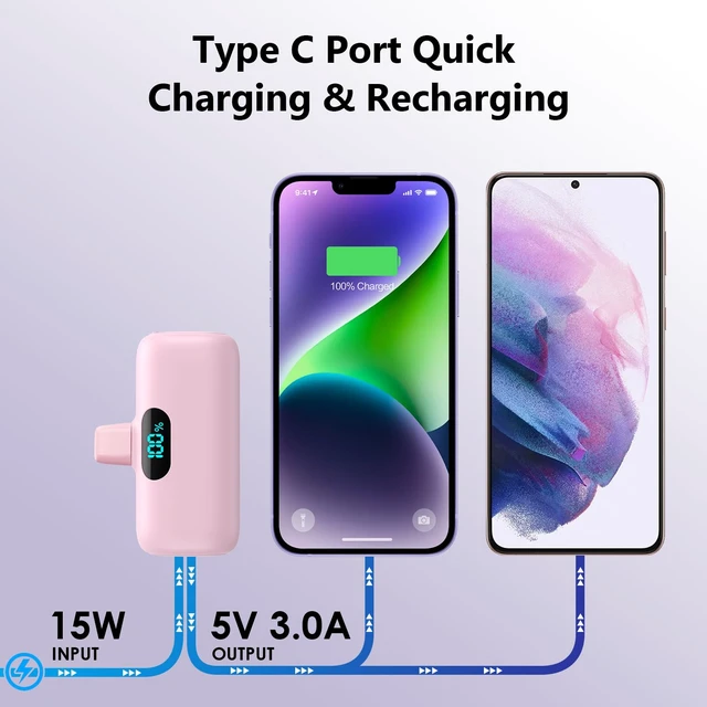 Alt view image 6 of 7 - Mini Portable Charger for iPhone,Upgraded 5000mAh PD Fast Charging Battery Pack,LCD Display Cute Power Bank Portable Phone Charger for iPhone 14/14 Pro Max/13/13 Pro/12 Pro/11/XS/XR/X/8/7/6-Pink
