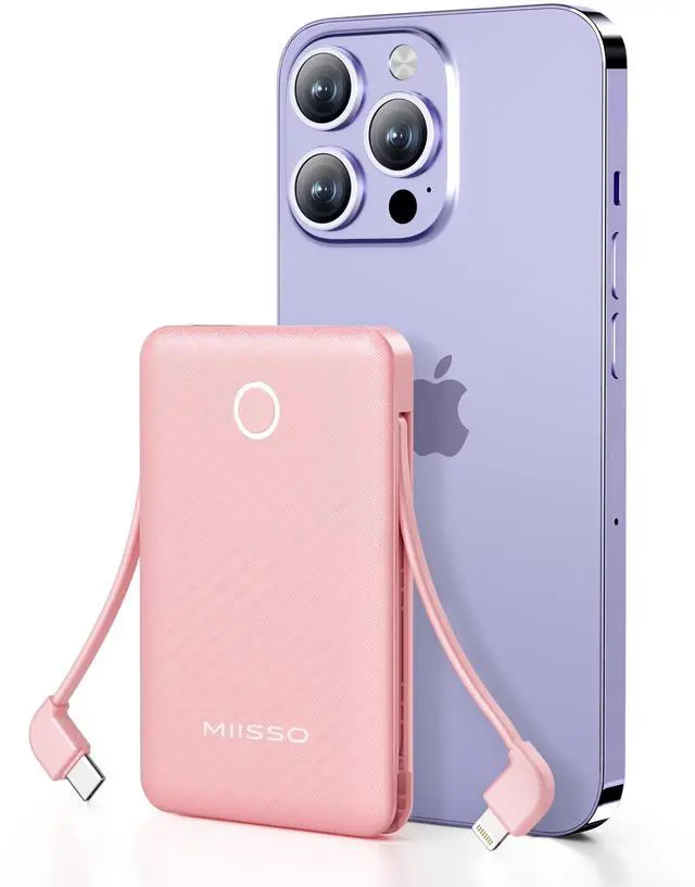 Main image of 6000mah Ultra Slim Built in Cables Power Bank, Card Size Built in USB C Cords Battery Pack Portable Charger for Phones, 3 Output External Battery Pack Compatible with iPhone, Pink