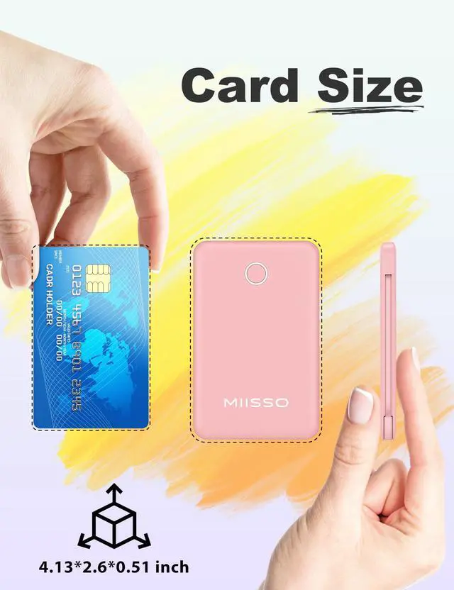 Alt view image 2 of 7 - 6000mah Ultra Slim Built in Cables Power Bank, Card Size Built in USB C Cords Battery Pack Portable Charger for Phones, 3 Output External Battery Pack Compatible with iPhone, Pink