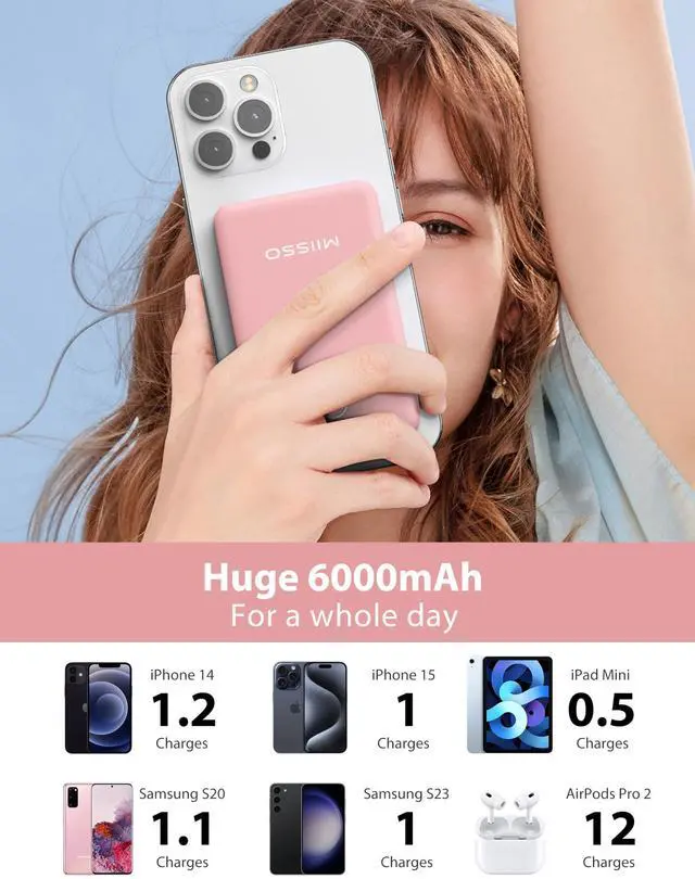 Alt view image 3 of 7 - 6000mah Ultra Slim Built in Cables Power Bank, Card Size Built in USB C Cords Battery Pack Portable Charger for Phones, 3 Output External Battery Pack Compatible with iPhone, Pink