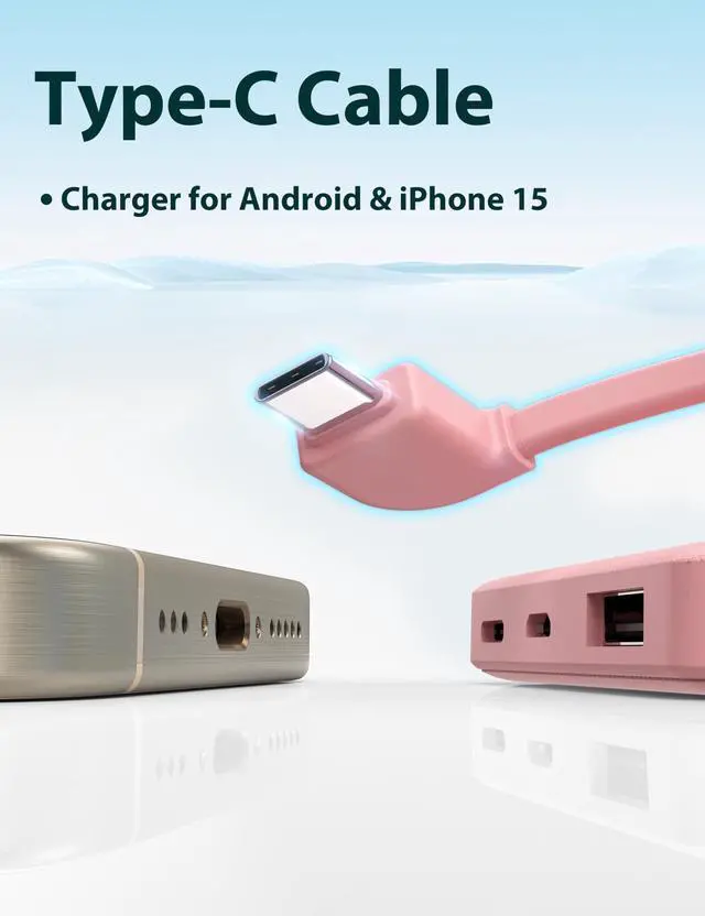 Alt view image 4 of 7 - 6000mah Ultra Slim Built in Cables Power Bank, Card Size Built in USB C Cords Battery Pack Portable Charger for Phones, 3 Output External Battery Pack Compatible with iPhone, Pink