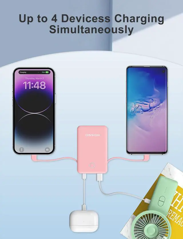 Alt view image 5 of 7 - 6000mah Ultra Slim Built in Cables Power Bank, Card Size Built in USB C Cords Battery Pack Portable Charger for Phones, 3 Output External Battery Pack Compatible with iPhone, Pink