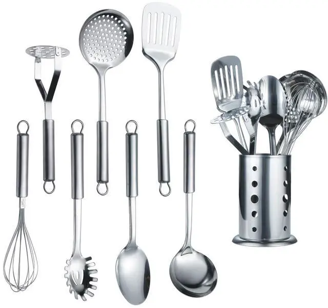Main image of Cooking Utensil Set 8 Piece, Stainless Steel Kitchen Tool Set with Stand,Cooking Utensils, Slotted Tuner, Ladle, Skimmer, Serving Spoon, Pasta Server,Potato Maseher, Egg Whisk. 8 Pieces