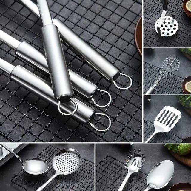 Alt view image 4 of 7 - Cooking Utensil Set 8 Piece, Stainless Steel Kitchen Tool Set with Stand,Cooking Utensils, Slotted Tuner, Ladle, Skimmer, Serving Spoon, Pasta Server,Potato Maseher, Egg Whisk. 8 Pieces