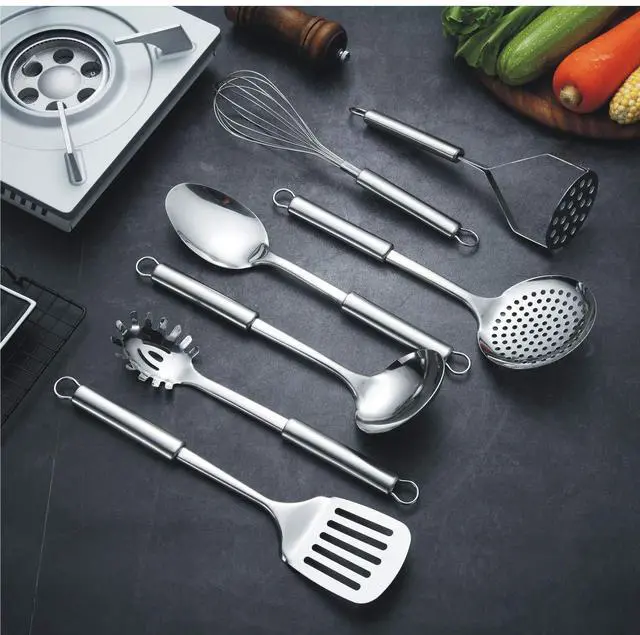 Alt view image 3 of 7 - Cooking Utensil Set 8 Piece, Stainless Steel Kitchen Tool Set with Stand,Cooking Utensils, Slotted Tuner, Ladle, Skimmer, Serving Spoon, Pasta Server,Potato Maseher, Egg Whisk. 8 Pieces