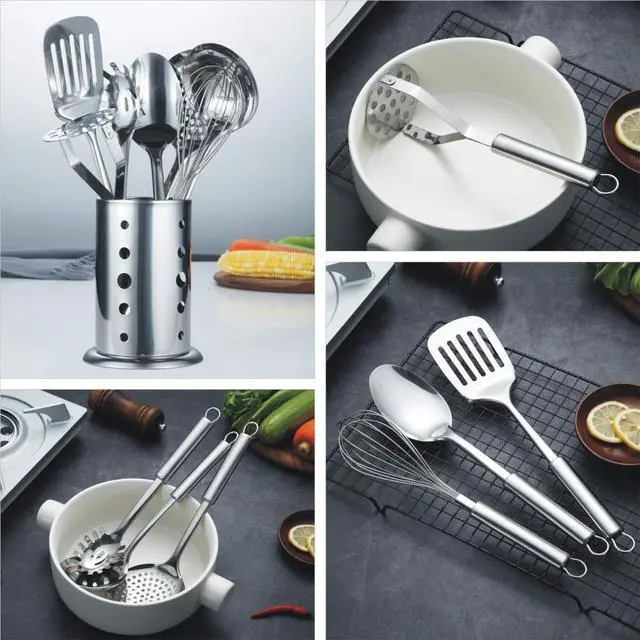 Alt view image 6 of 7 - Cooking Utensil Set 8 Piece, Stainless Steel Kitchen Tool Set with Stand,Cooking Utensils, Slotted Tuner, Ladle, Skimmer, Serving Spoon, Pasta Server,Potato Maseher, Egg Whisk. 8 Pieces