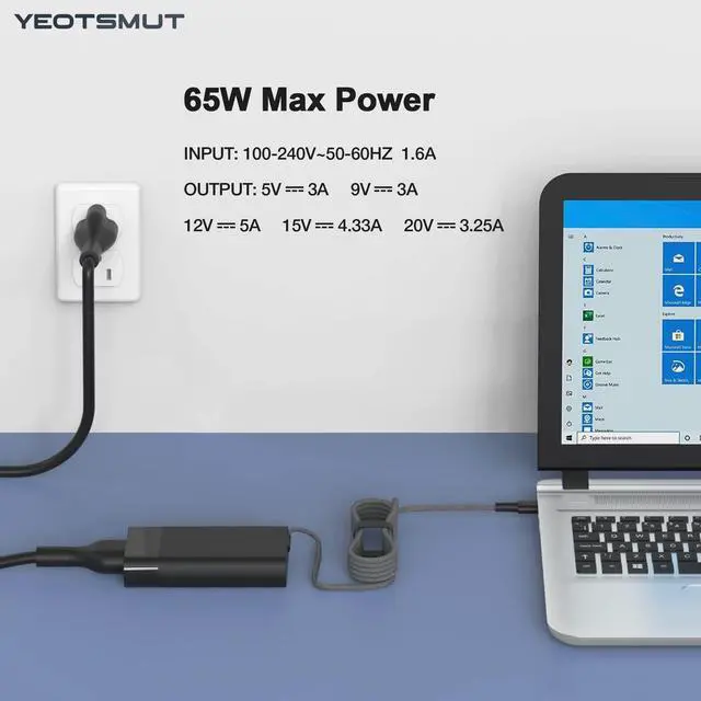 Alt view image 3 of 5 - Slim 65W USB C ChargerCompatible with Hp EliteBook Chromebook Spectre ProBook Envy Fast Charging Type C Travel Laptop Power Adapter