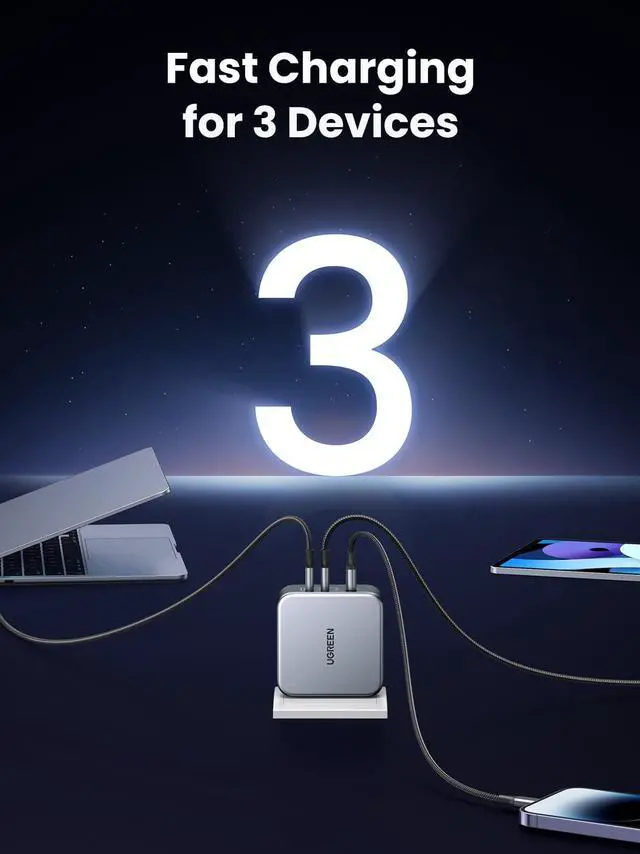 Alt view image 5 of 7 - Nexode 140W GaN USB C Laptop Charger, 3-Port PD 3.1 PPS Foldable Fast Wall Charger with 240W Cable for MacBook Pro 16", iPhone 17/16/15, Pixel 10/9, Galaxy S25/S24, Chromebook