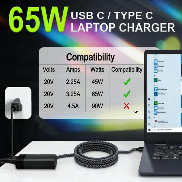 Alt view image 6 of 7 - 65W 45W Type C Laptop Charger for HP ProBook Chromebook EliteBook Envy | AC Adapter Fit for HP ProBook 440 450 G8-G11, Elite x2 1012, Pavilion , Spectre x360 SM65CL L65505-002 Power Supply Cord