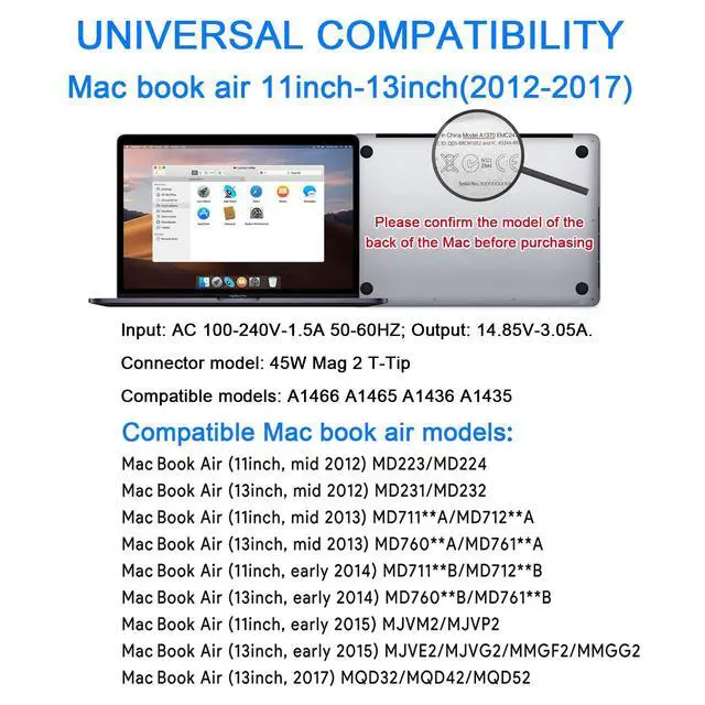 Alt view image 2 of 6 - Mac Book Air Charger, Replacement AC 45W T-tip Power Adapter Laptop Charger for Mac Book Air 11-inch and 13-inch After Mid 2012(Applicable to 2012-2017 Not for After 2018)