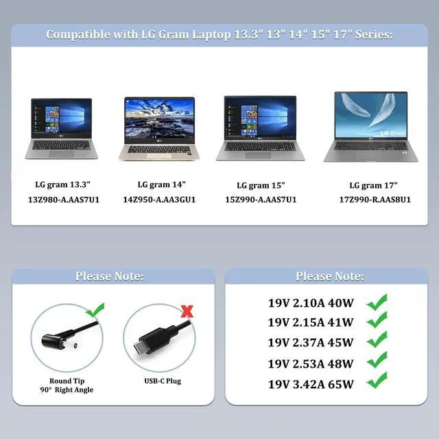 Alt view image 3 of 7 - 19V 65W Laptop Charger for LG Gram 13Z950 13Z980 14Z980 15Z980 13Z970 | ETL Listed Charger for LG Gram 13Z940 13Z975 14Z950 14Z970 15Z960 15Z970 15Z975 17Z990 13.3" 14" 15" 17" Series Laptop