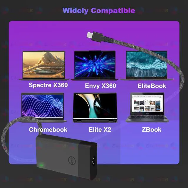 Alt view image 2 of 7 - New Slim 65W Watt USB Type C Laptop Charger Compatible with HP Spectre X360, Envy X360, Computer Chromebook EliteBook X360 OmniBook Zbook ProBook Elite X2 Power Cord Replacement AC Adapter