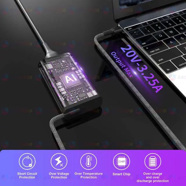 Alt view image 6 of 7 - New Slim 65W Watt USB Type C Laptop Charger Compatible with HP Spectre X360, Envy X360, Computer Chromebook EliteBook X360 OmniBook Zbook ProBook Elite X2 Power Cord Replacement AC Adapter