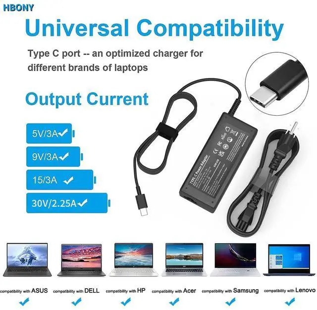 Alt view image 2 of 7 - 65W USB C Laptop Charger Compatible with Lenovo Thinkpad Laptop Charger 65W USB C Charger T14 T14s X1 Think pad, Yoga Computer Charger 7i, 65 Watt Fast Replacement Type C Chromebook Power Cord Adapter