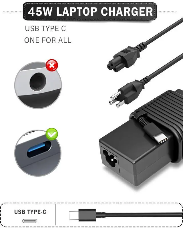 Alt view image 3 of 7 - 45W USB C Laptop Charger Ac Adapter for Chromebook 11 13 14 14A ThinkPad Latitude 5420 XPS Elite Specter X360 14-ca051wm 14-ca020nr 14-ca061dx Power Cord for All USB Type C Laptop