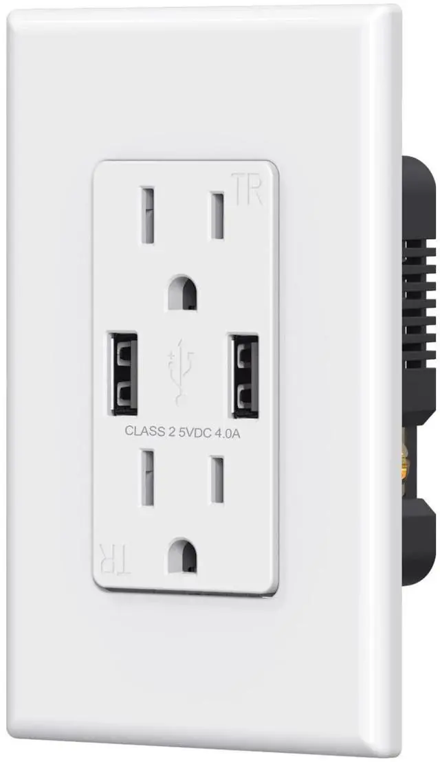 Main image of USB Wall Outlet Receptacle with Dual 4.0 A USB Ports, 15 Amp Duplex Tamper Resistant Receptacle, Charging Power Outlet with USB Ports, Wall Plate Included, UL Listed (1 Pack, Glossy White)