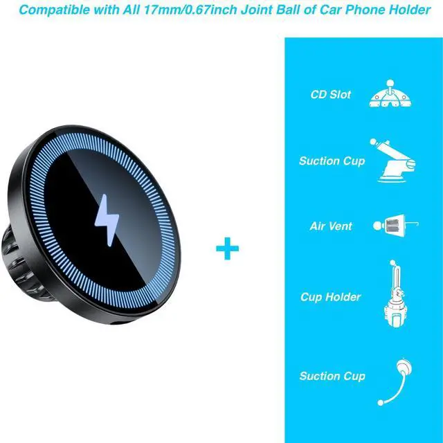 Alt view image 3 of 7 - Magnetic Wireless Charging Phone Holder with 17mm Ball Socket for MagSafe, Magnetic Ball Mount Adapter Fits 17mm/0.67inch Ball Joint Car Phone Holder for iPhone 17/16/15/14/13/12 Series