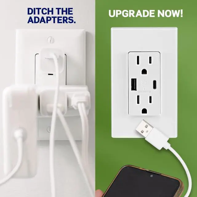 Alt view image 5 of 6 - 18W USB Type-A/C in-Wall Charger with 15A Tamper-Resistant Outlet, USB Charger for Smartphones, Not for Laptops, T5638-W, White
