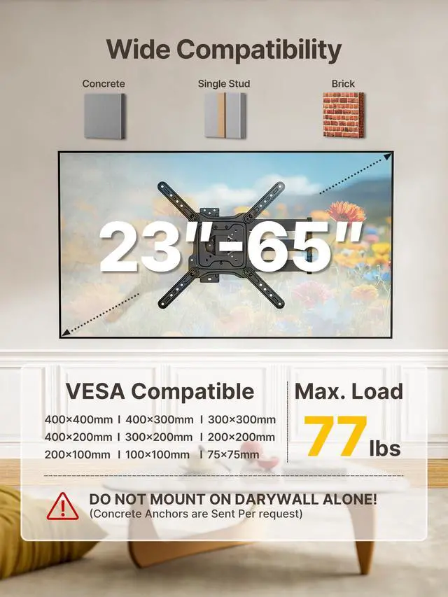 Alt view image 7 of 7 - Long Arm TV Wall Mount for Most 23-65 Inch TVs, 29 Inch Long Extension TV Mount Swivel and Tilt, Full Motion Wall Mount Tv Bracket Fit Max VESA 400 x 400mm, Up to 77 lbs
