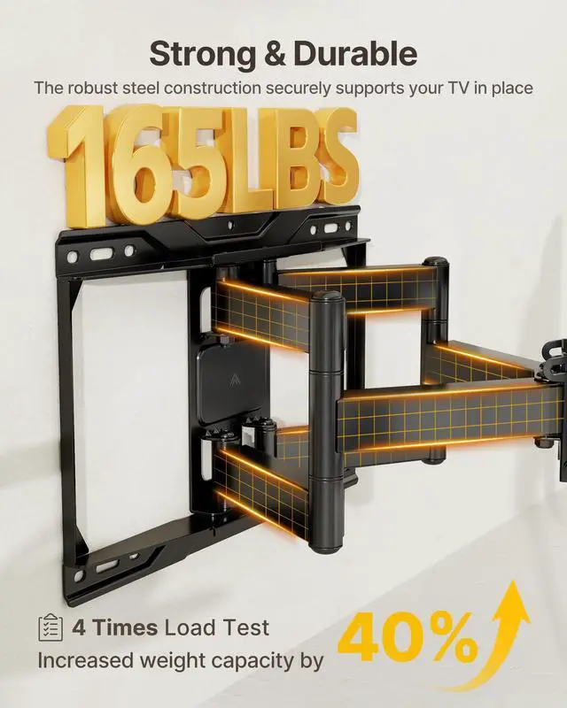 Alt view image 3 of 7 - Heavy Duty Full Motion TV Wall Mount for 37-90 Inch TVs up to 165 lb | Dual articulating arms extend 16.6 in; smooth tilt and swivel, 4X load tested, max VESA 600x400 mm, 12/16 in wood studs